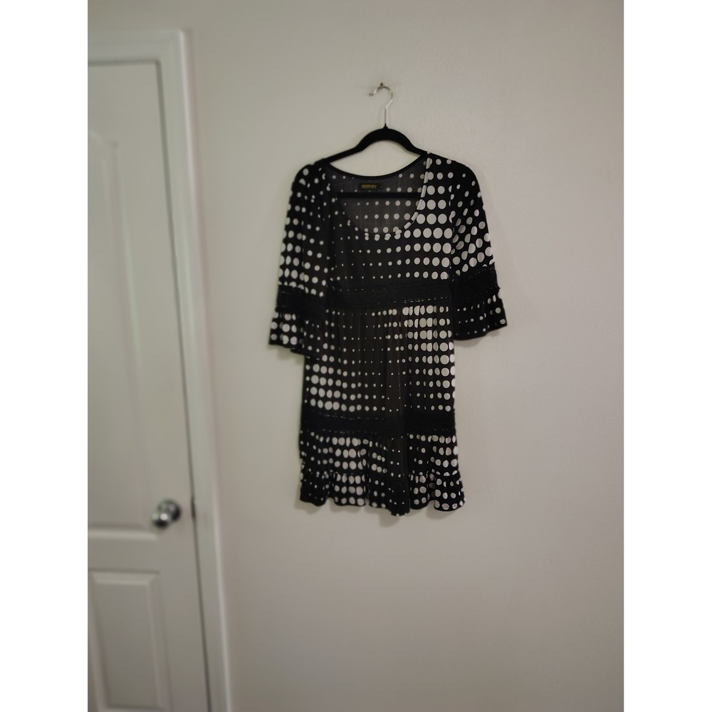 Reborn Womens Black White Polka‎ Dot Crochet Trim Bell Sleeve Tunic Dress Small